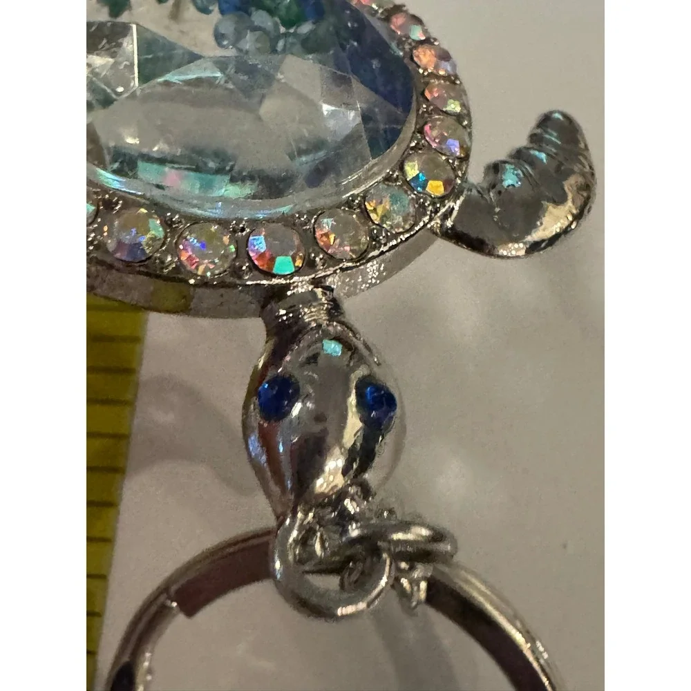 Silver Sea Turtle Shaker Keychain Blue Green Crystals AB Rhinestones Pearl Charm
